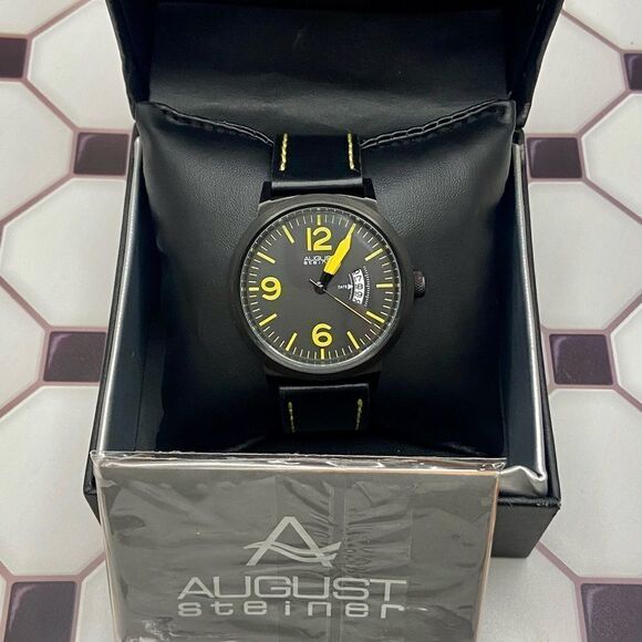 August Steiner Bold Black & Yellow Watch Leather Strap Contrast Stitching - Picture 15 of 16